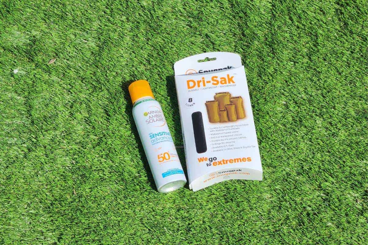 sunscreen and dry bag.