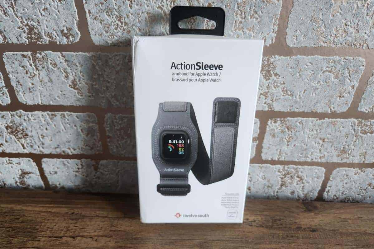 Action sleeve in a box, an apple watch in a strap for the wrist.