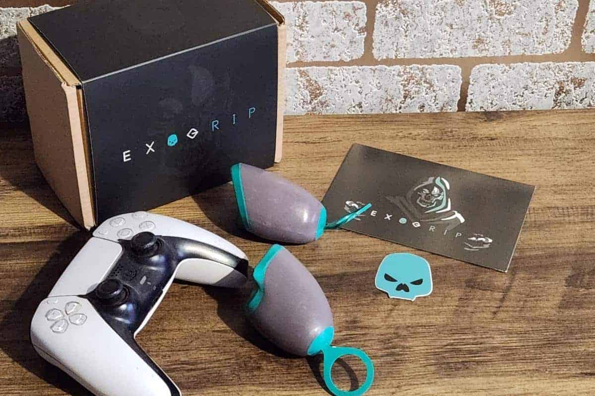Exogrip gaming controller grips with a playstation 5 controller.