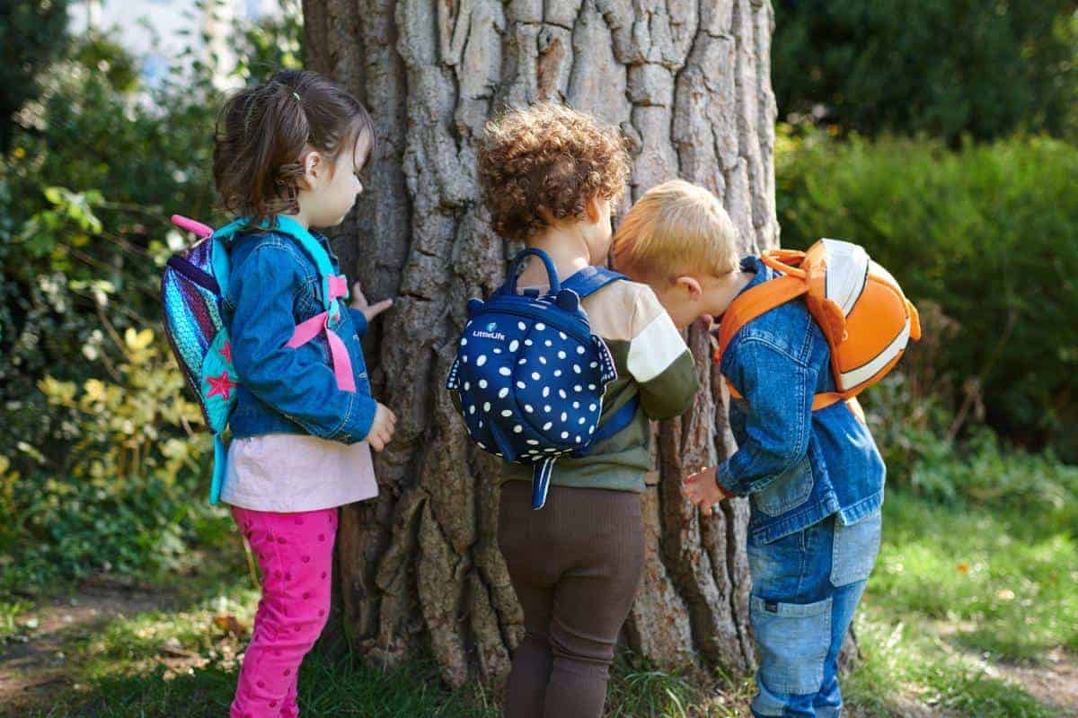 Three children with backpacks stand by a tree, examining its bark during a family walk in the grassy area.