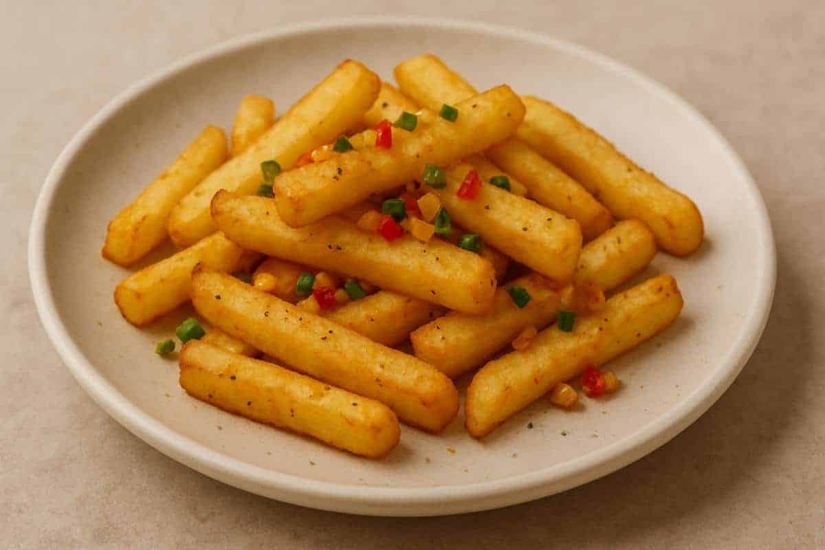 A white plate holds a pile of golden, crispy salt and pepper chips, garnished with finely chopped green and red bell peppers, set on a light beige surface. The fries are evenly seasoned and look hot, fresh, and ready to enjoy straight from the air fryer.