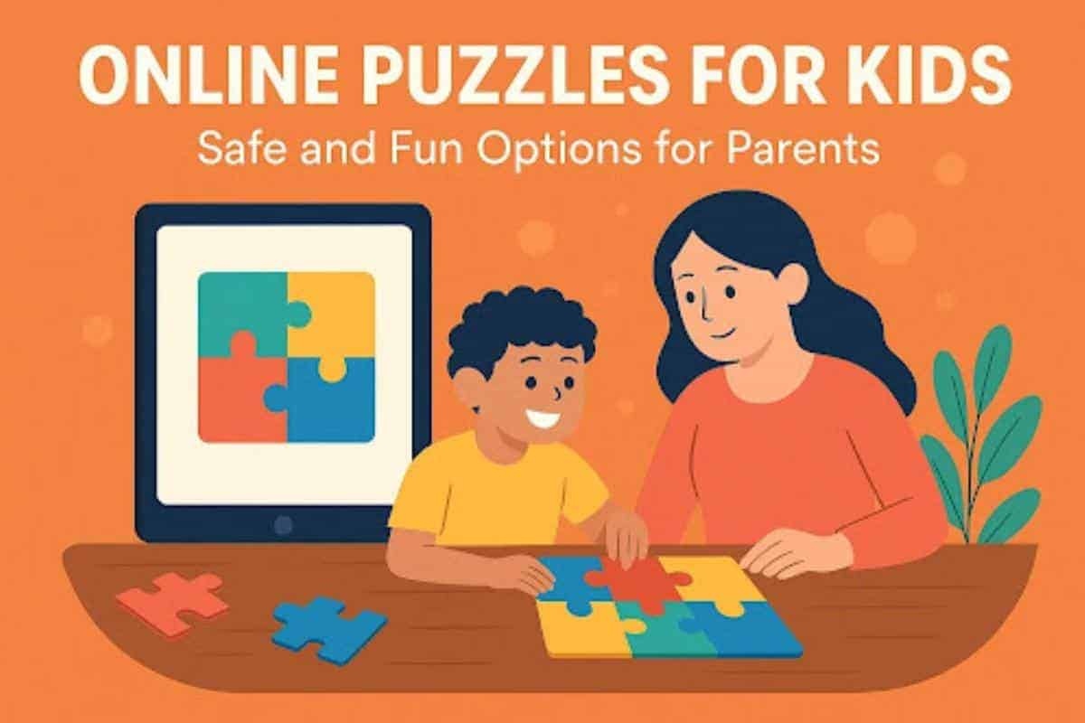 Puzzles for Kids - An adult and a child do a colourful jigsaw puzzle at a table. Text above reads: "Online Puzzles for Kids – Safe and Fun Options for Parents.