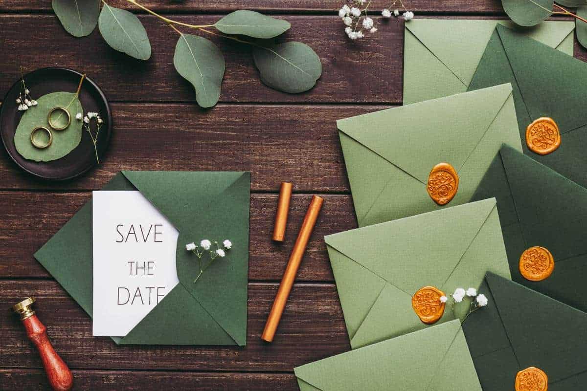 Green envelopes with gold wax seals are arranged on a wooden table alongside a "Save the Date" card, small white flowers, two gold rings in a dish, and sealing wax sticks—perfect inspiration for UK couples planning a wedding.