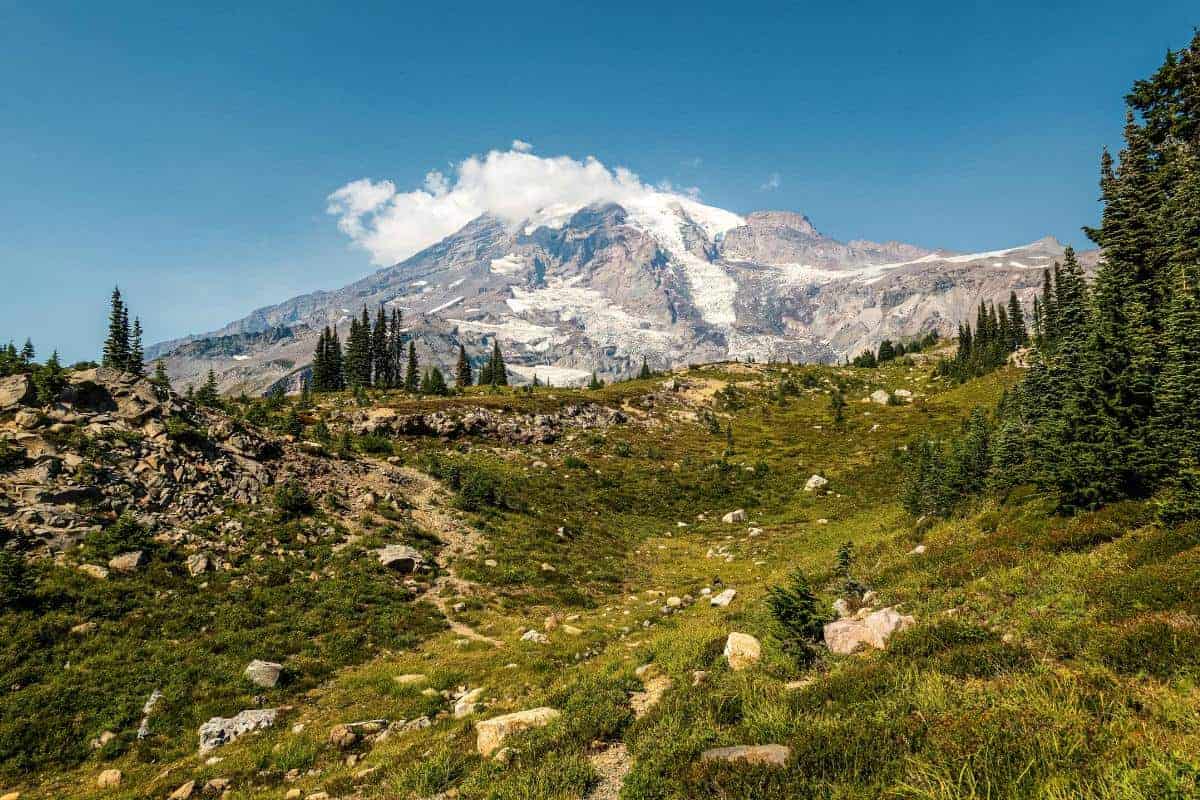 A scenic view of Mount Rainier, echoing the power of nature, with patches of snow and ice, lush green meadows, rocky terrain, and evergreen trees under a clear blue sky.