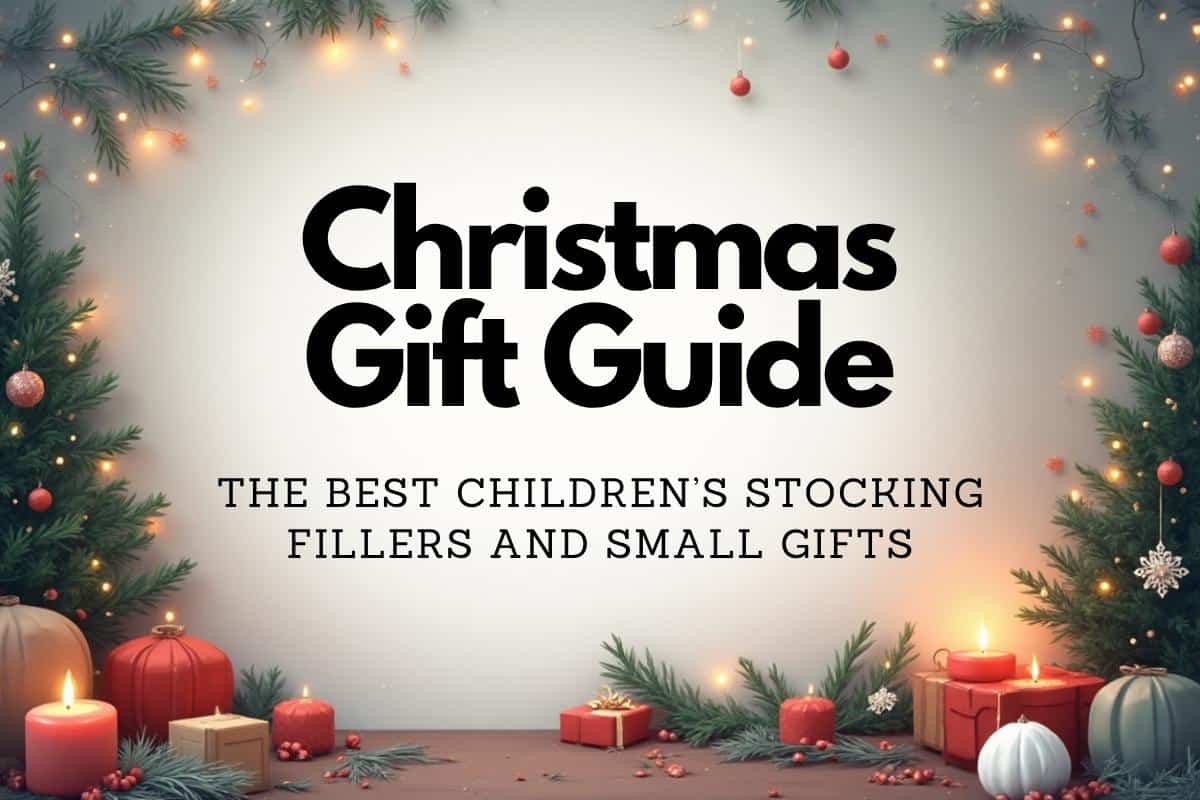 Festive Christmas scene with candles, ornaments, pine branches, and lights framing the text: "Christmas Gift Guide – The best stocking filler ideas and small gifts for kids and teens.