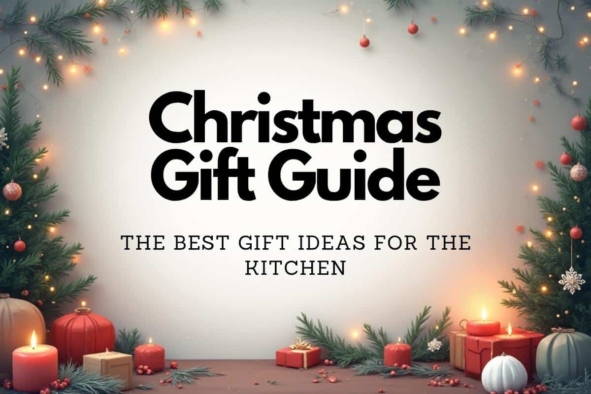 A festive holiday scene with Christmas trees, ornaments, and wrapped gifts surrounds the text: "Christmas Gift Guide – Discover the ultimate Christmas gifts and best kitchen gift ideas.”.