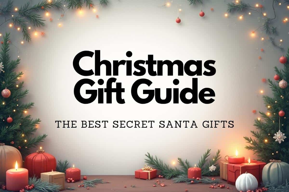Festive Christmas scene with decorated evergreen branches, string lights, ornaments, candles, and wrapped gifts frames the bold text "Christmas Gift Guide: The Best Stocking Filler and Secret Santa Gifts" in the center.