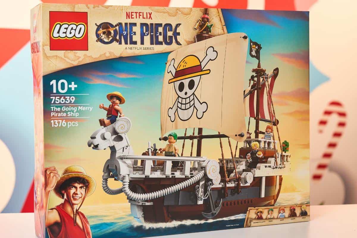 LEGO box featuring the "One Piece" pirate ship, the Going Merry, with 1376 pieces for ages 10+. A Top Toys 2025 pick—perfect for Kids and sure to be a hit on any Christmas List. Includes ship, crew minifigures, and show’s logo.
