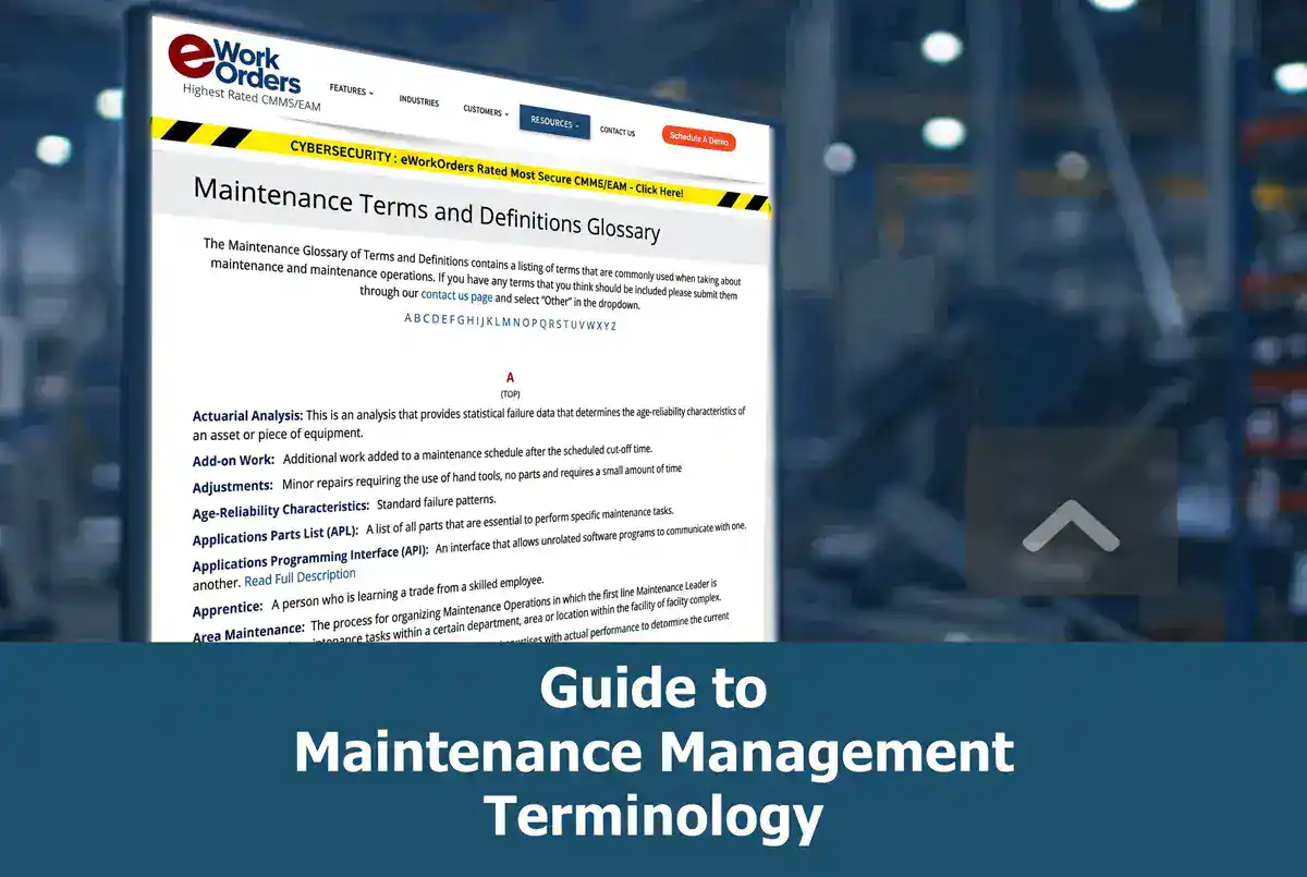 eWorkOrders Maintenance Terms and Definitions Glossary on screen, labeled Guide to Maintenance Terminology