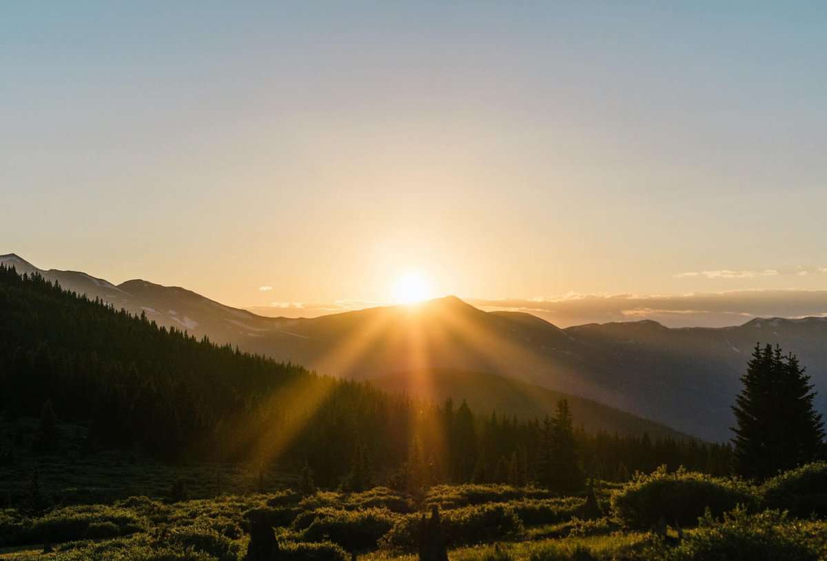 En soluppgång över bergen och träden.