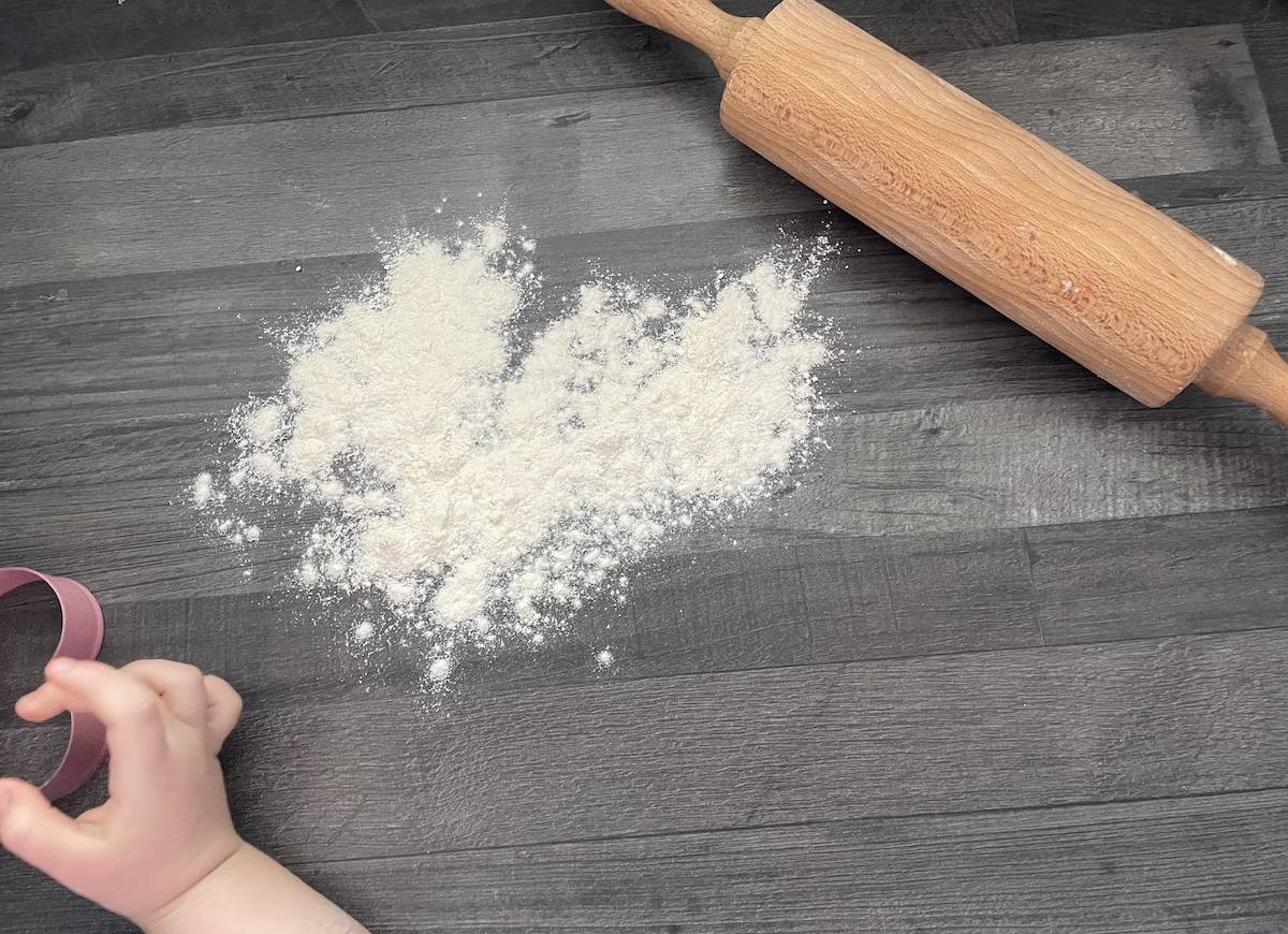 Floured surface with rolling pin.