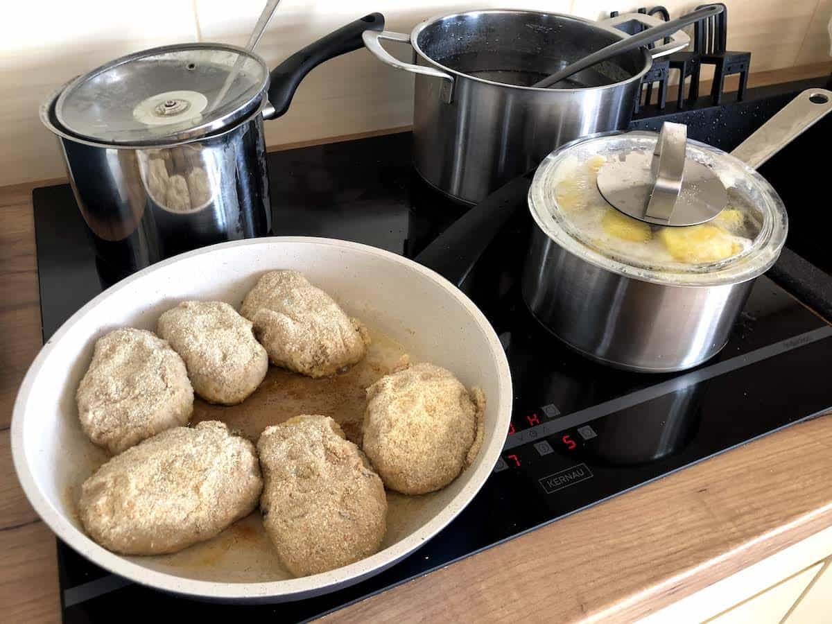 Breaded Pork cutlets ready to fry.