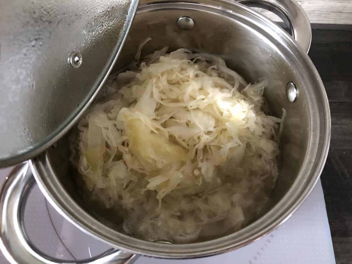 Sauerkraut boiling in a pot.