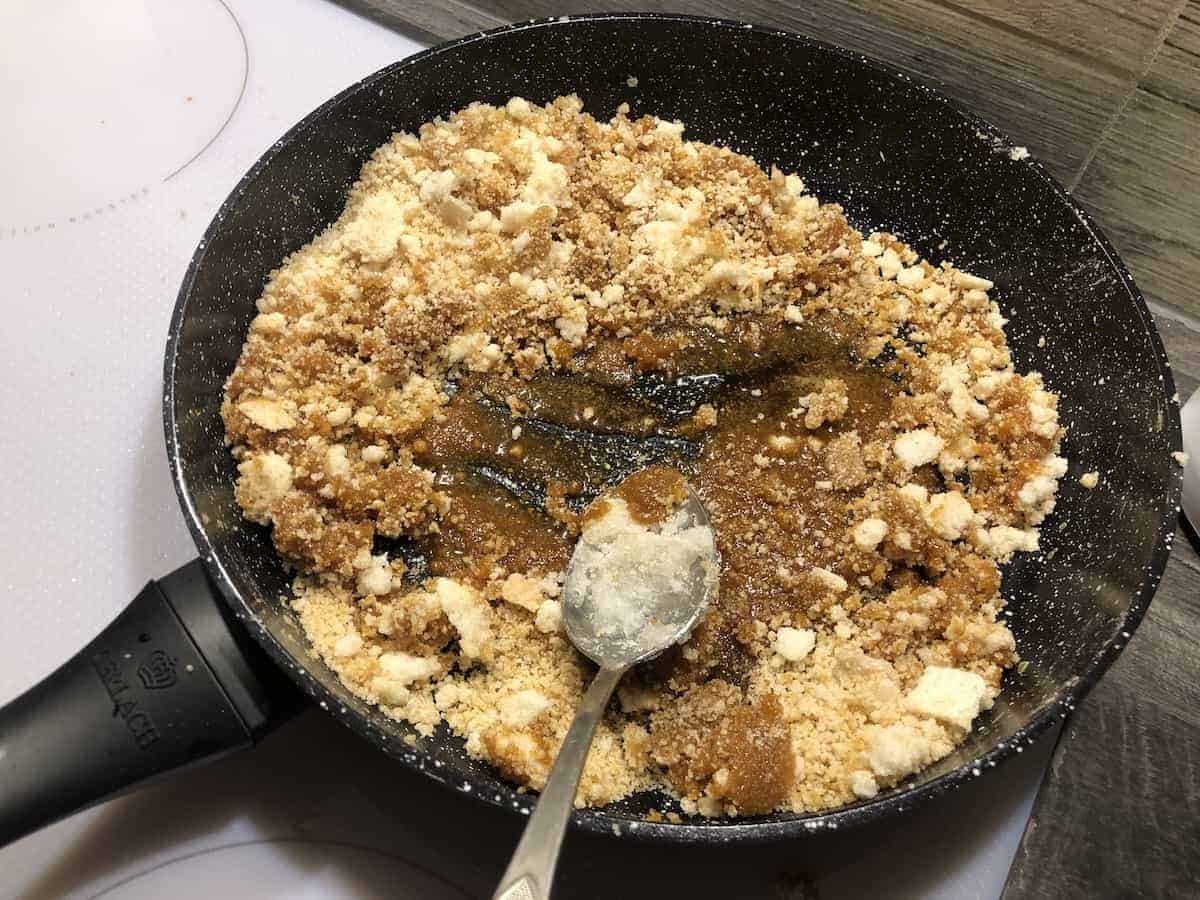 Caramelizing the sugar in a pan.