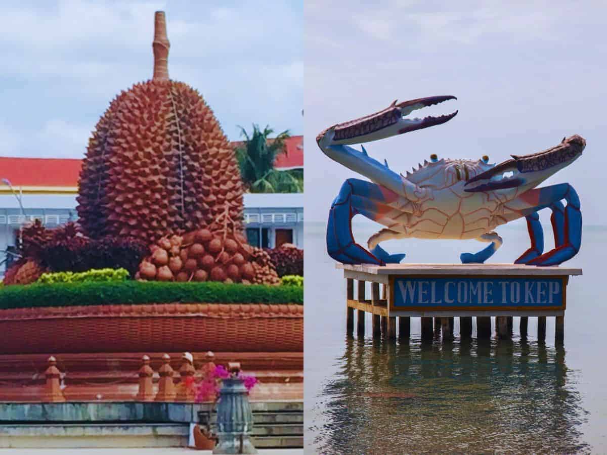 Kampot and Kep in Cambodia Kampot and Kep, Off the Beaten Track Cambodia. On the left is the durian roundabout in Kampot and on the left in the Kep crab statue standing in the sea.
