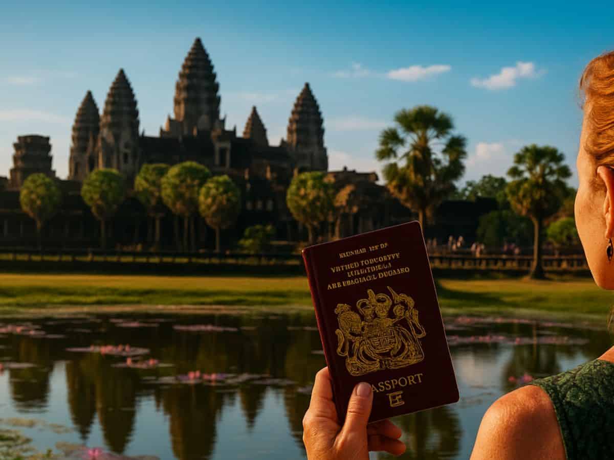 Tanya looking at Angkor Wat with a Cambodia visa on arrival in her passport