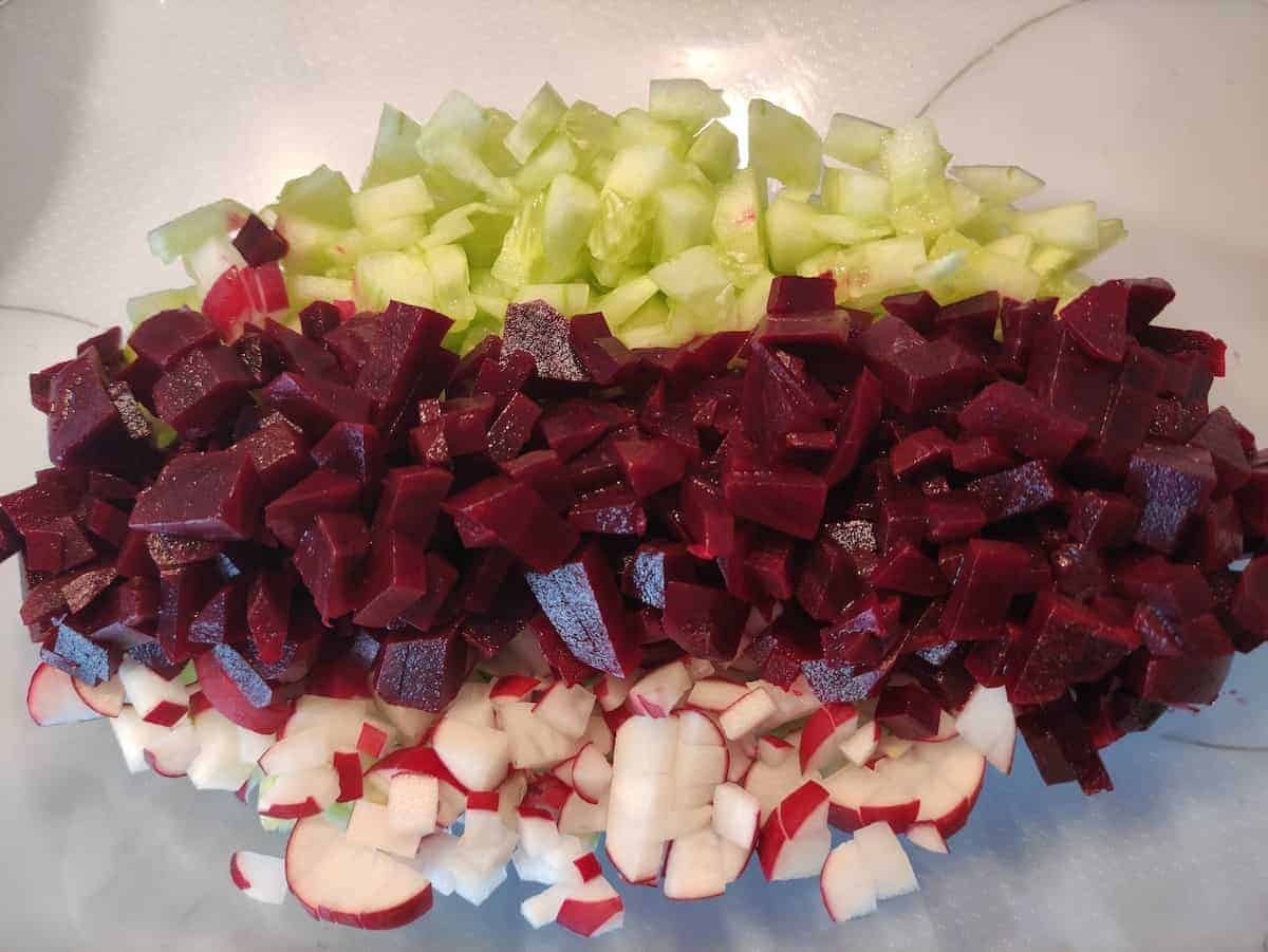 Chopped beetroot, radish and cucumber.