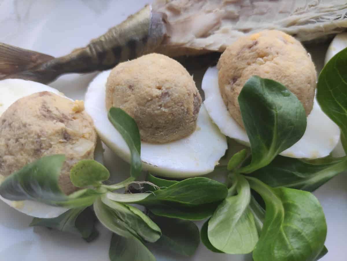 Deviled eggs with smoked mackerel.