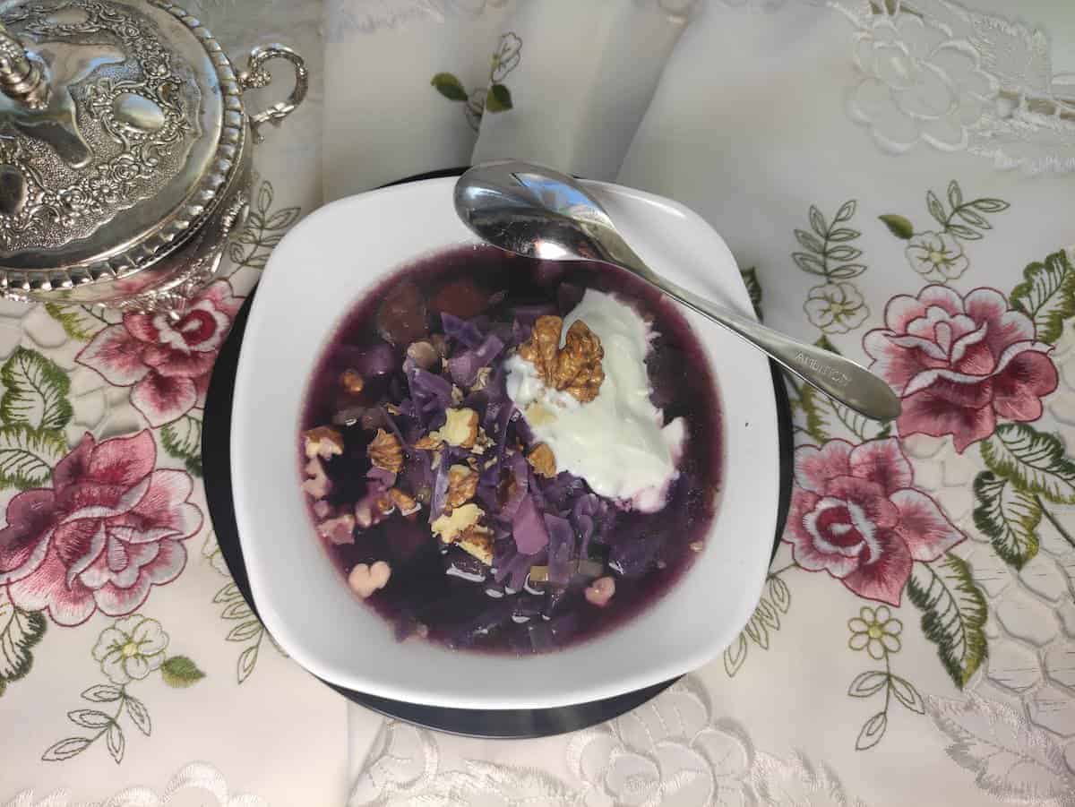 Polish red cabbage soup tastes best served hot.