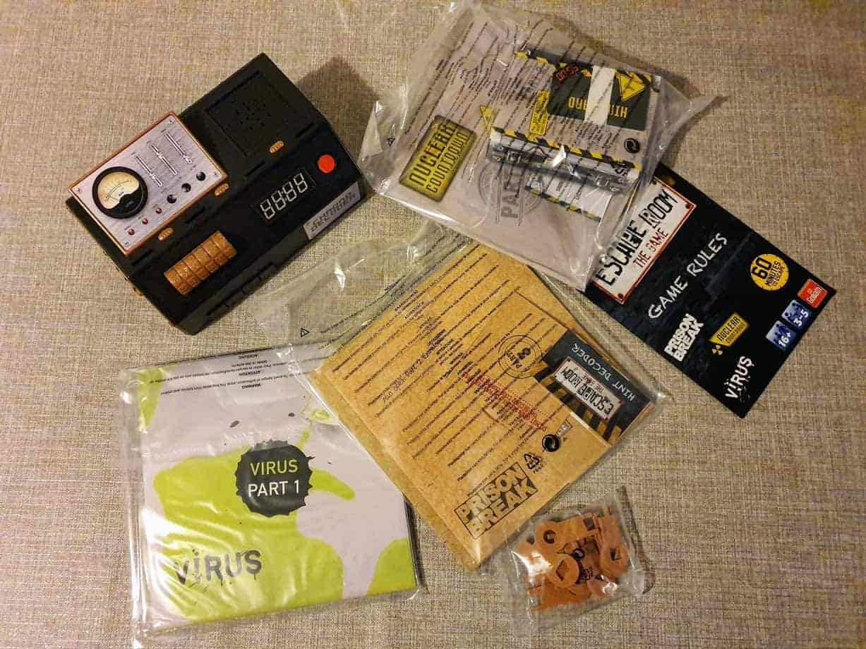 A closeup of the Escape Room game contents