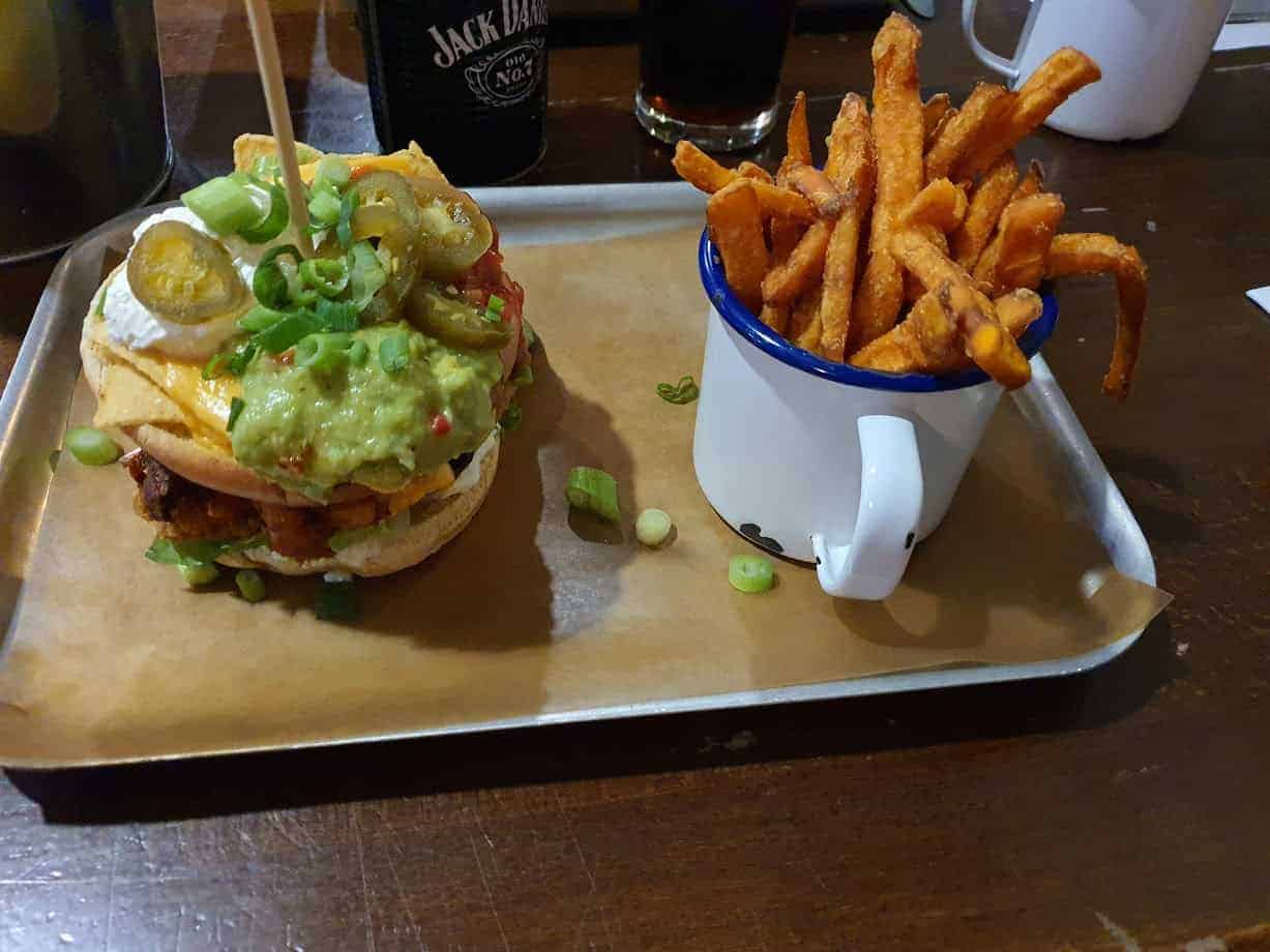 A Mexican burger with sweet potato fries from the Horn in Hand, Nottingham