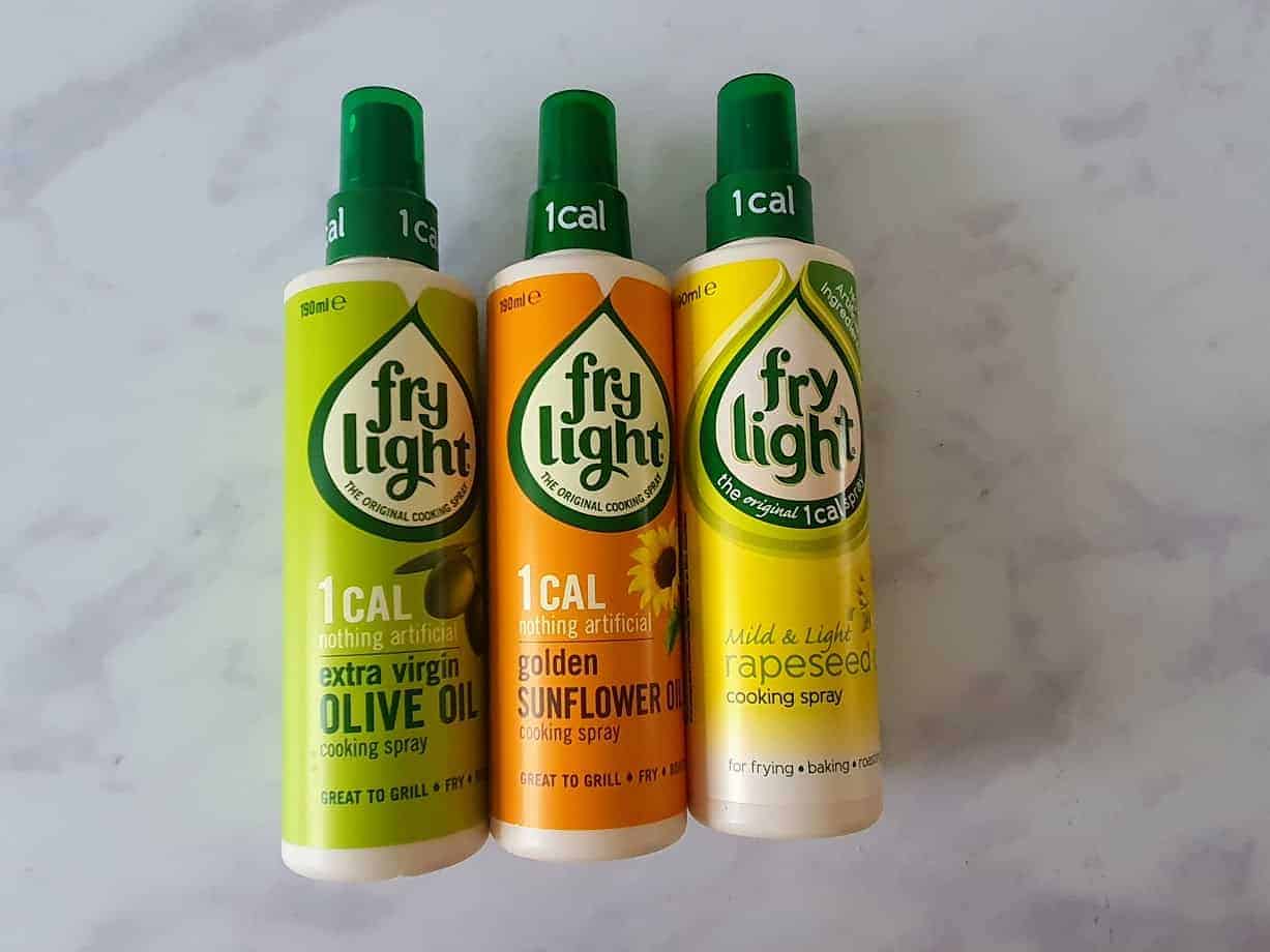 Bottles of frylight which have been bought on offer but unnecessary as not all are needed yet. Reduce food waste and buy only what you need!