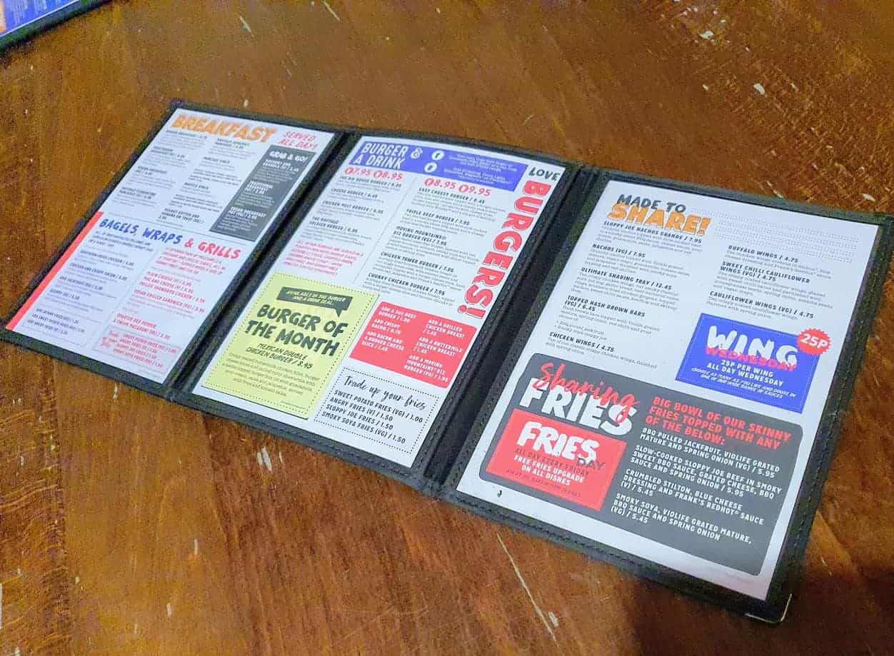 The menu from the Horn in Hand in Nottingham on wooden table