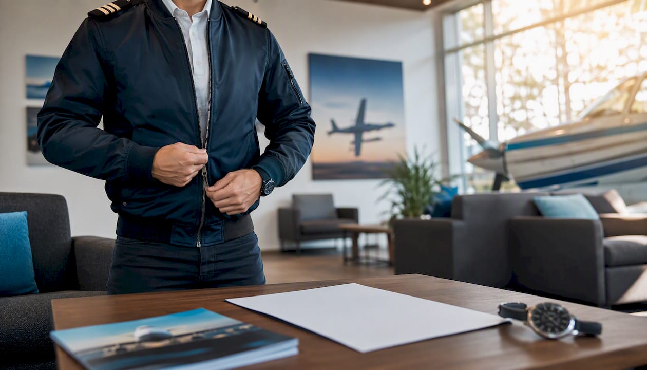 Pilot hands near resume and flight jacket