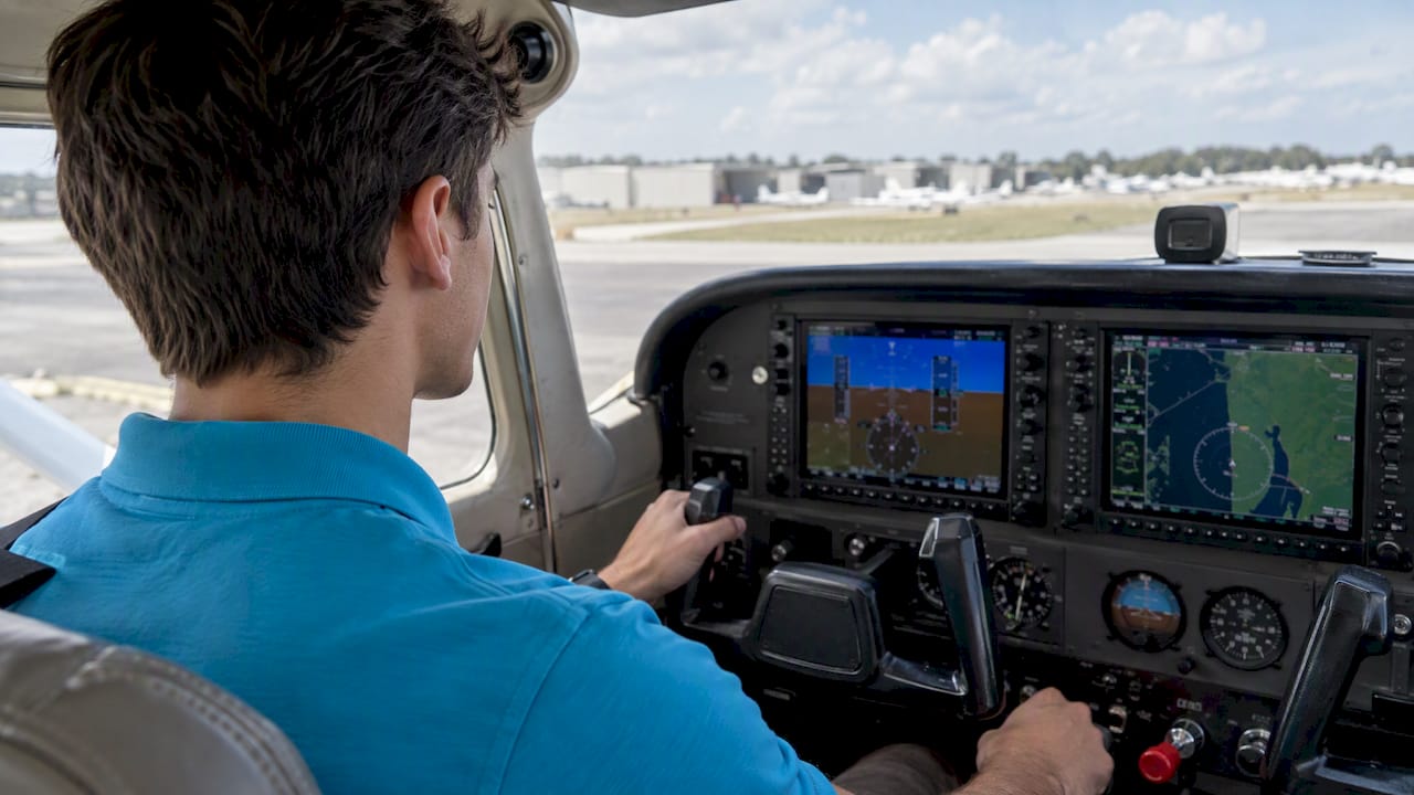 Student pilot scanning an integrated glass cockpit