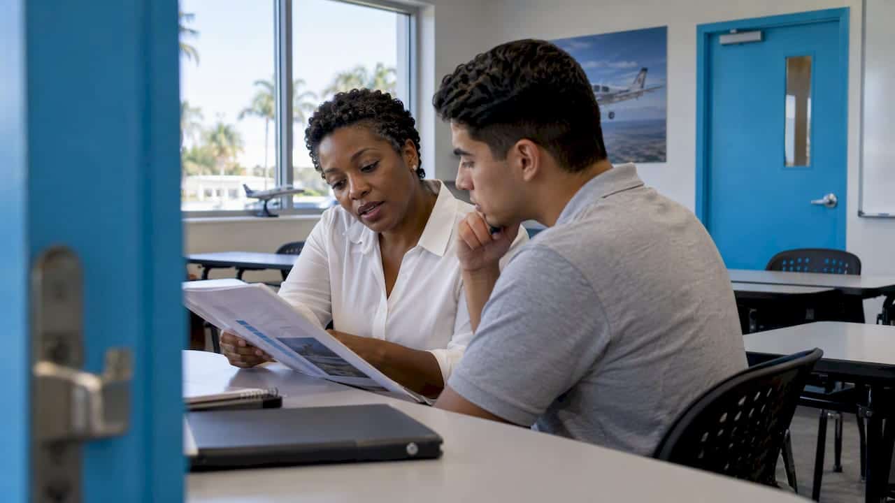 Pilot and instructor reviewing airline hiring outlook