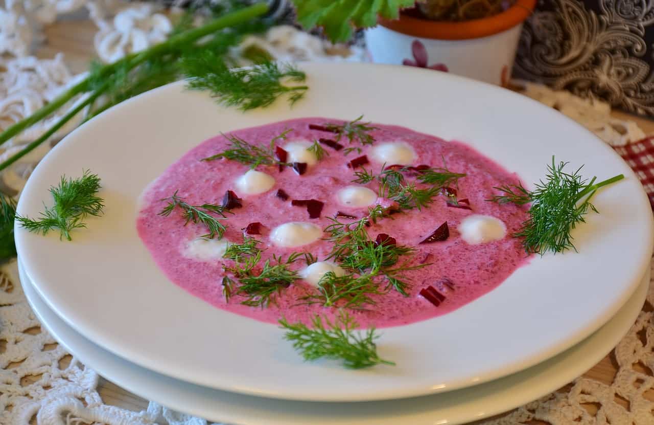 Polish Chlodnik Soup in a white bowl.