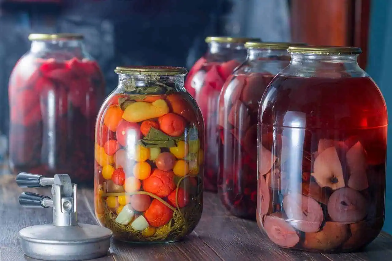 Jars of fruit kompot.