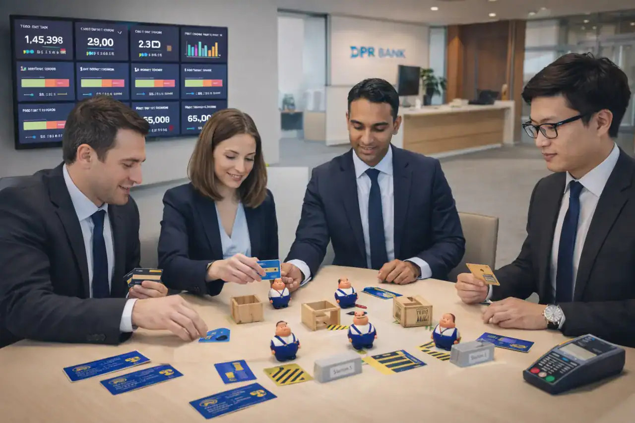 Equipo de banca con tarjetas y tablero de indicadores