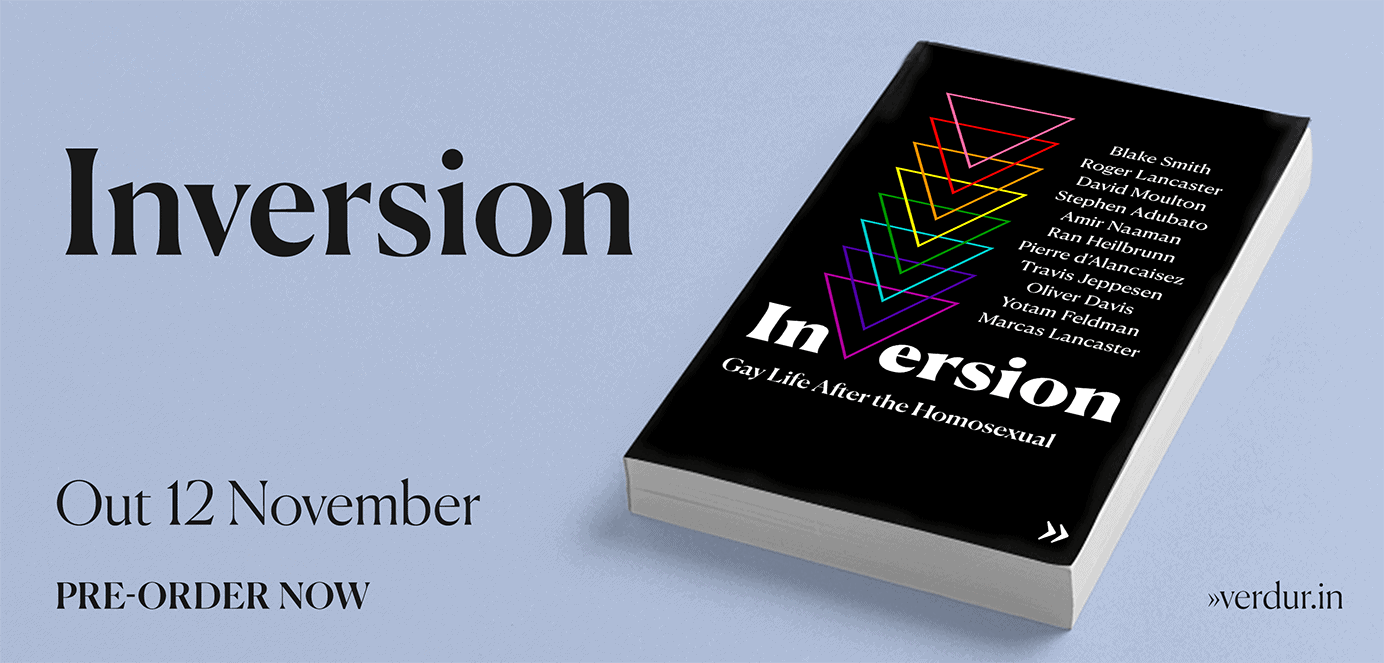 Vibrant book cover of "Inversion," a collection of essays on gay life after the homosexual revolution, with colourful geometric design on a black background.