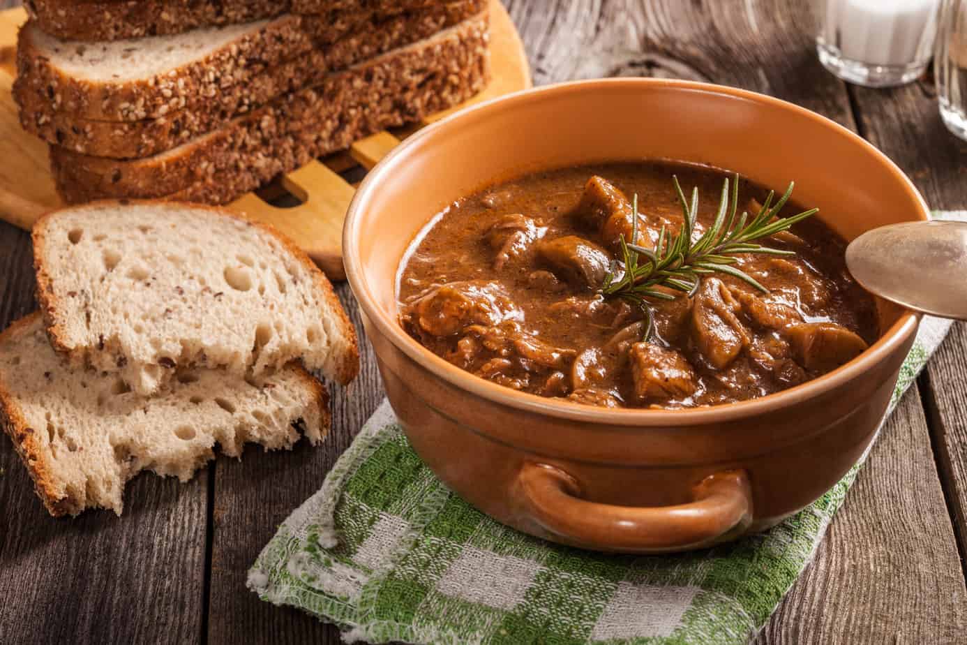 Beef goulash with bread.