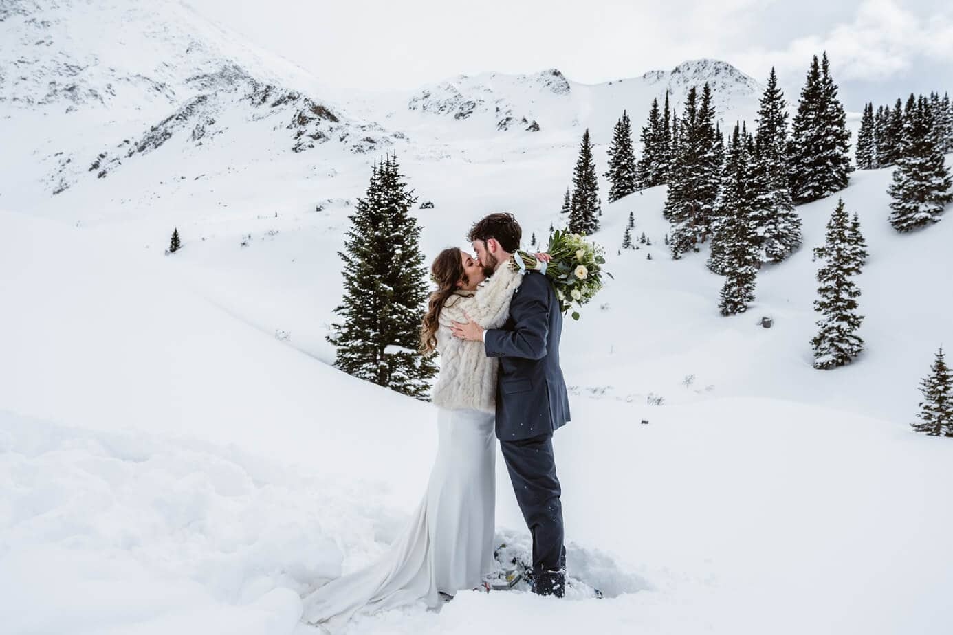 Bride and Groom Kissing Winter Elopement Guide