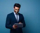 Um homem sorridente de terno azul-marinho e gravata cinza segura um tablet prateado, olhando para a tela com interesse contra um fundo azul.
