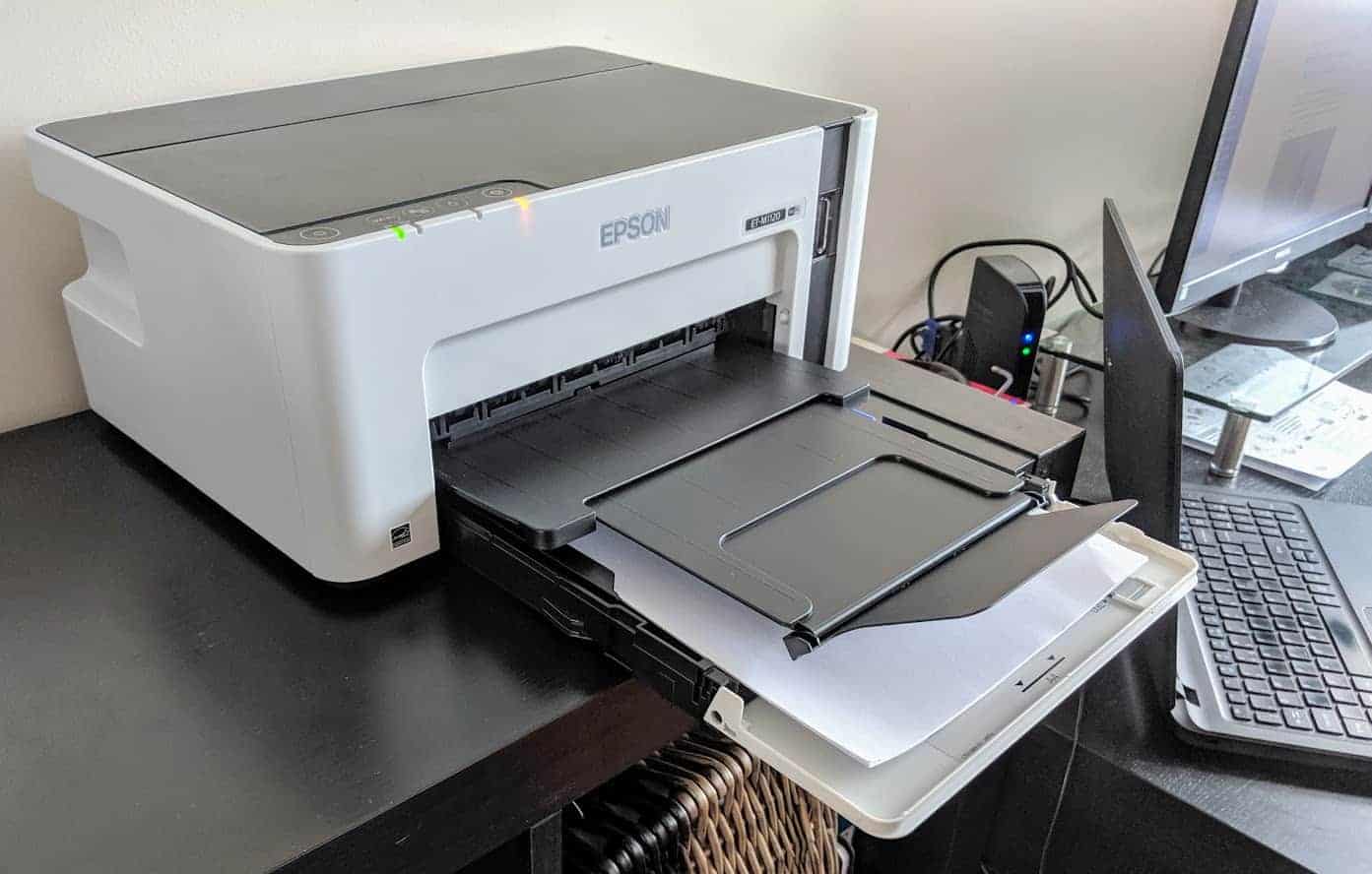 epson eco tank printer in process of set up with paper tray extended