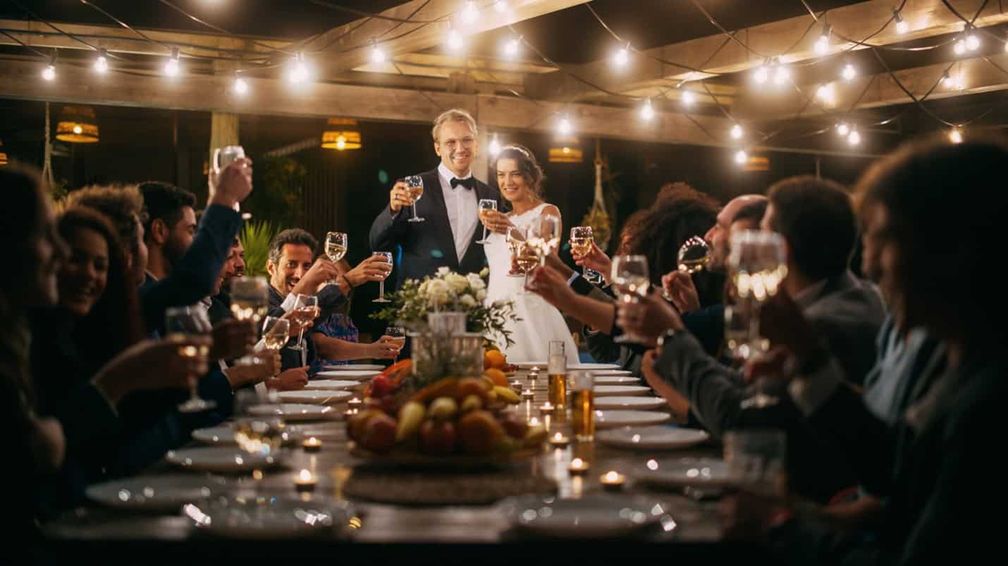 Couple sharing a toast with wedding reception guests.