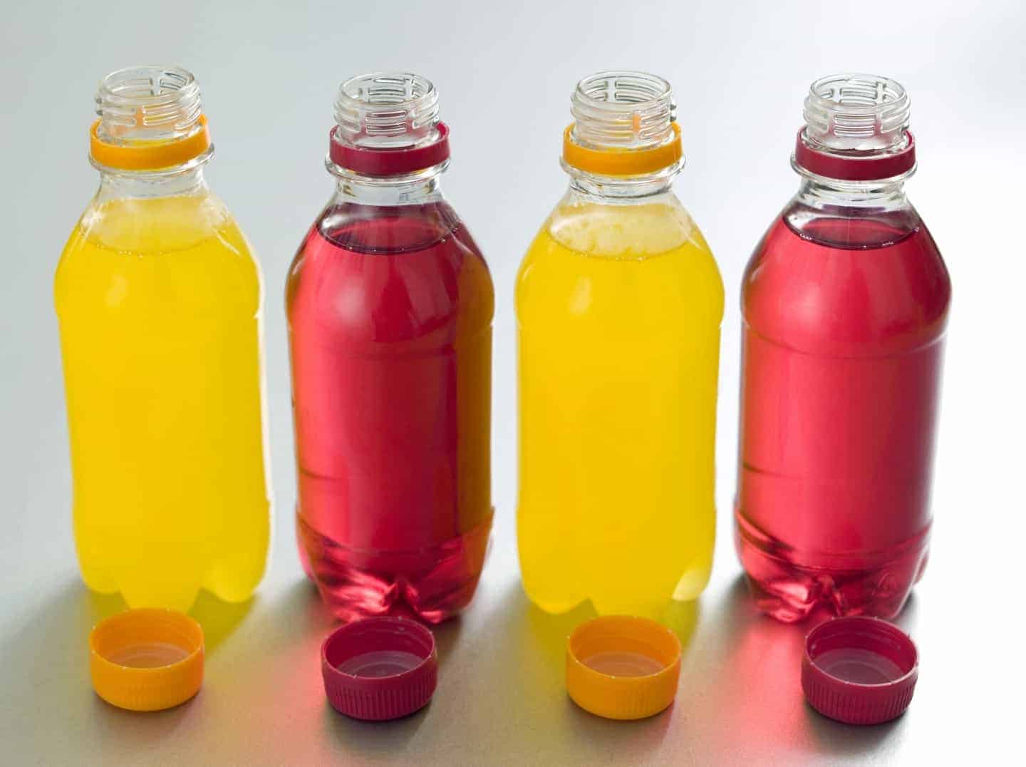 fizzy drinks in small plastic bottles.