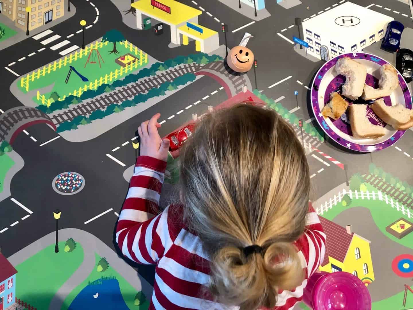 eating lunch on the children's activity table