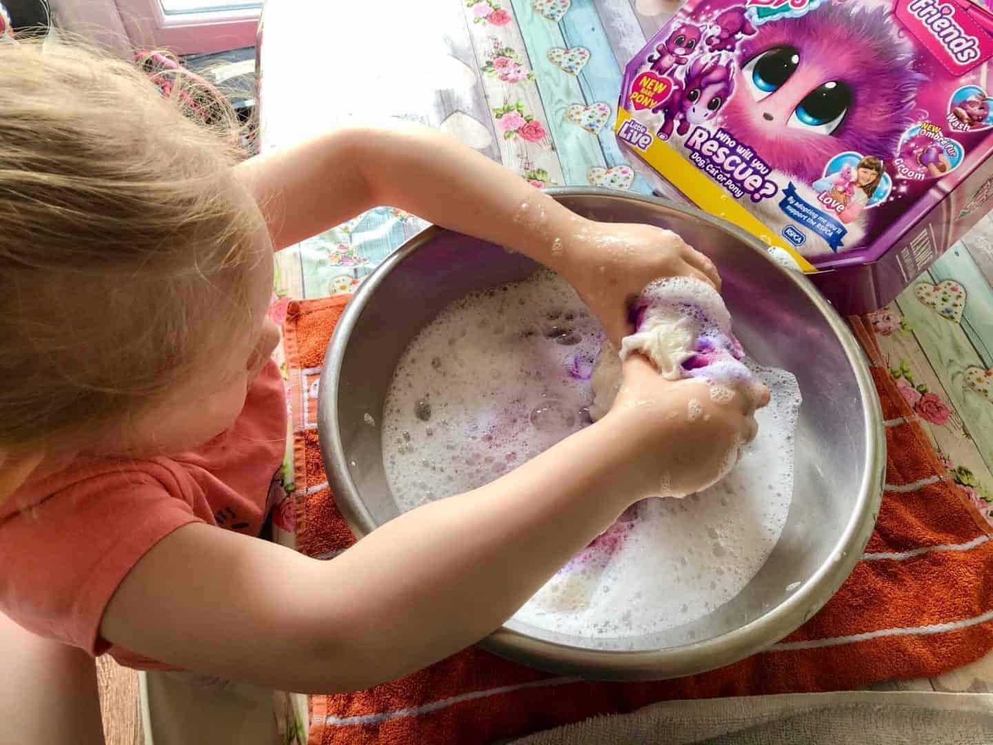 Washing a Scruff-a-Luvs  in childs bubble bath