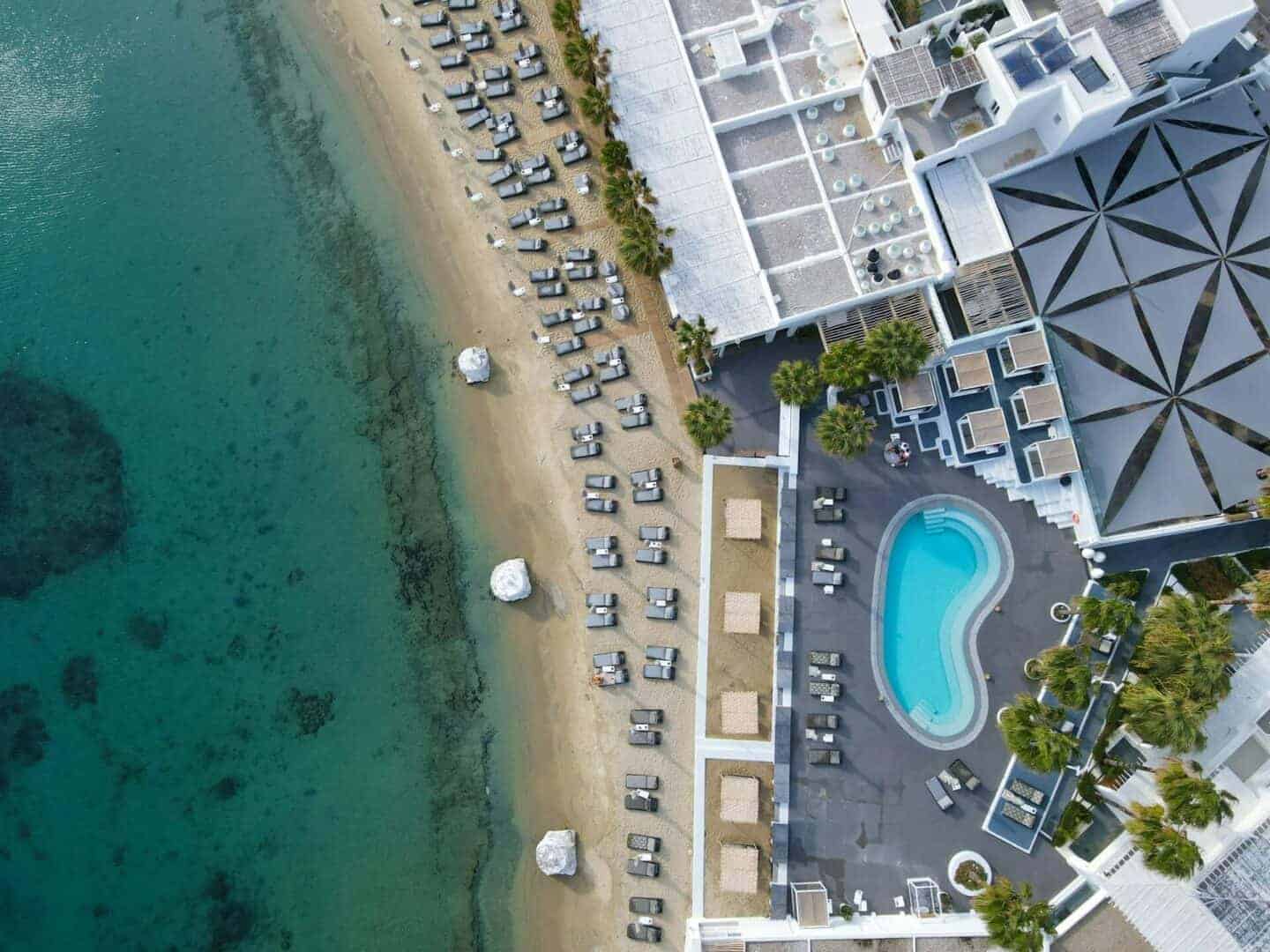 A view from above at Ornos beach at the island of Mykonos