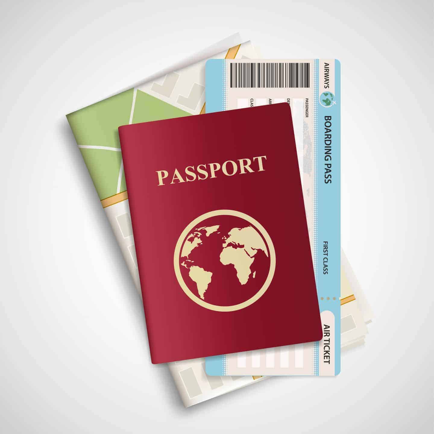 passport with map and a boarding pass on white background.