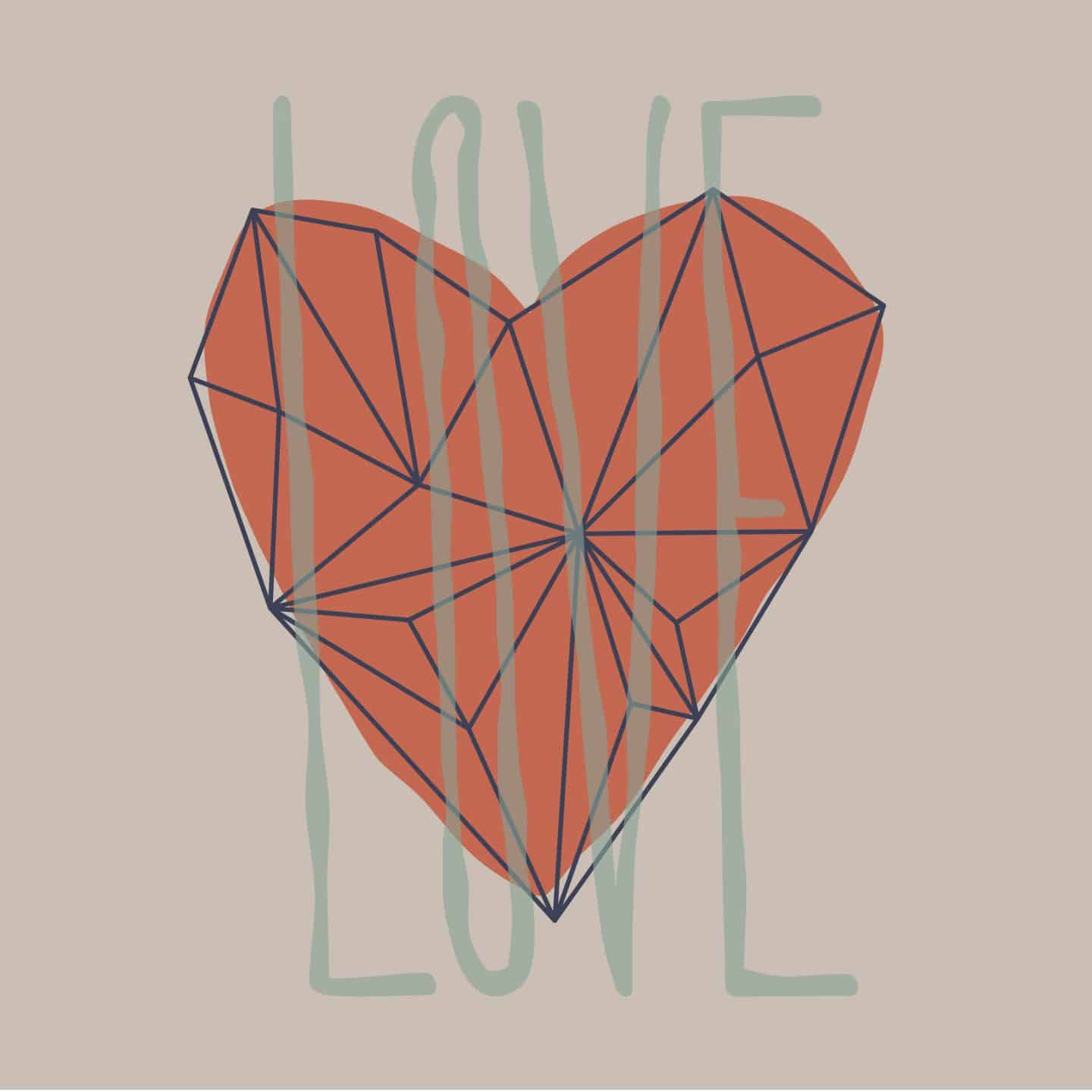 a comical heart shape with the word Love written across it