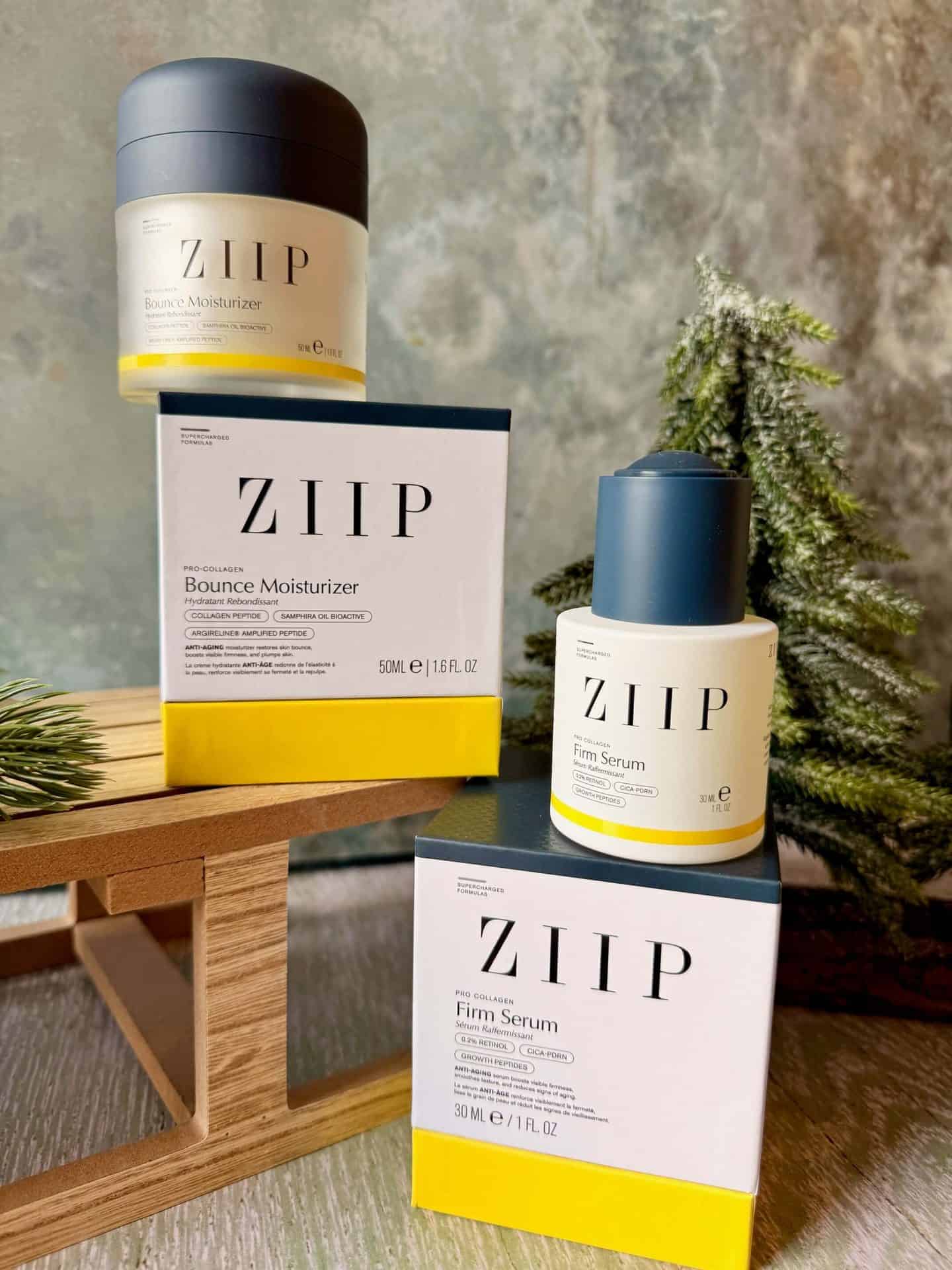  ZIIP Firm + Retinol Serum and Bounce Collagen + Peptide Moisturizer.