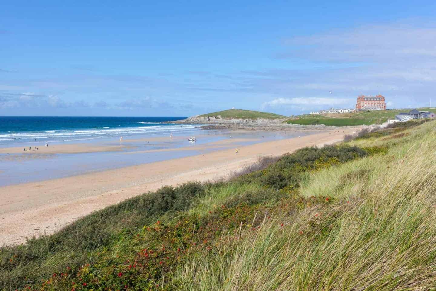 Fistral Beach with The Headland Hotel in the distance