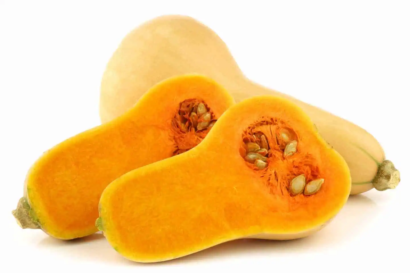 butternut squash sliced in half on white background