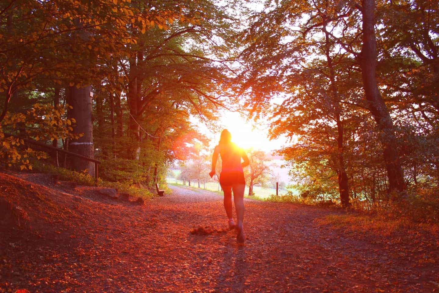 Woman running through woods towards sunset