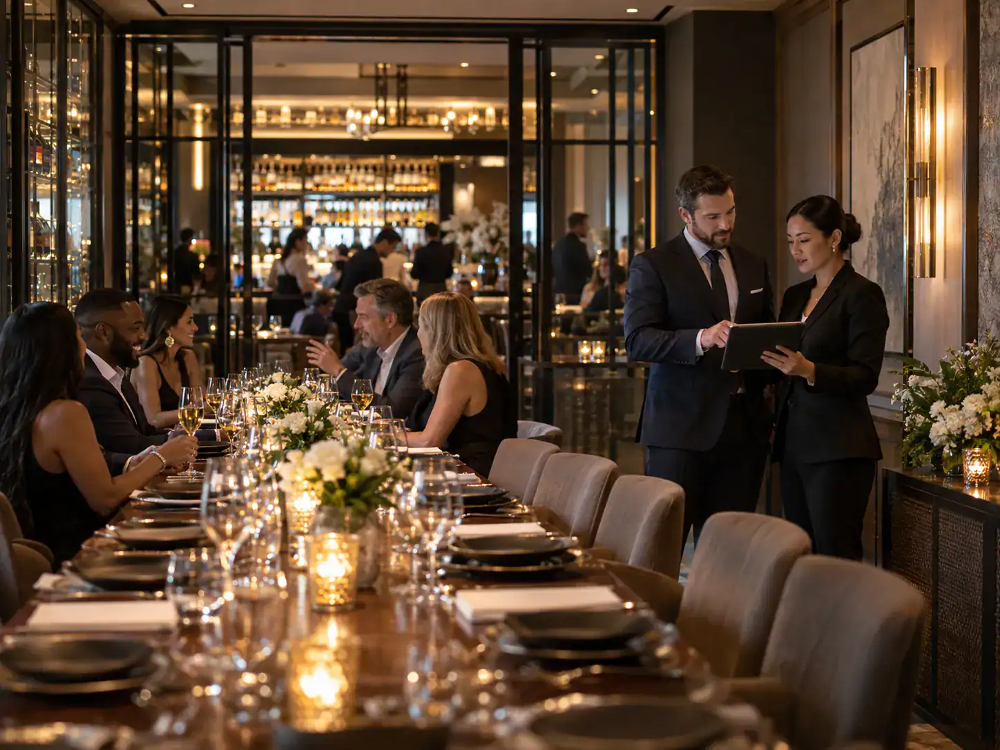 Restaurant managers coordinating private dining and hospitality service